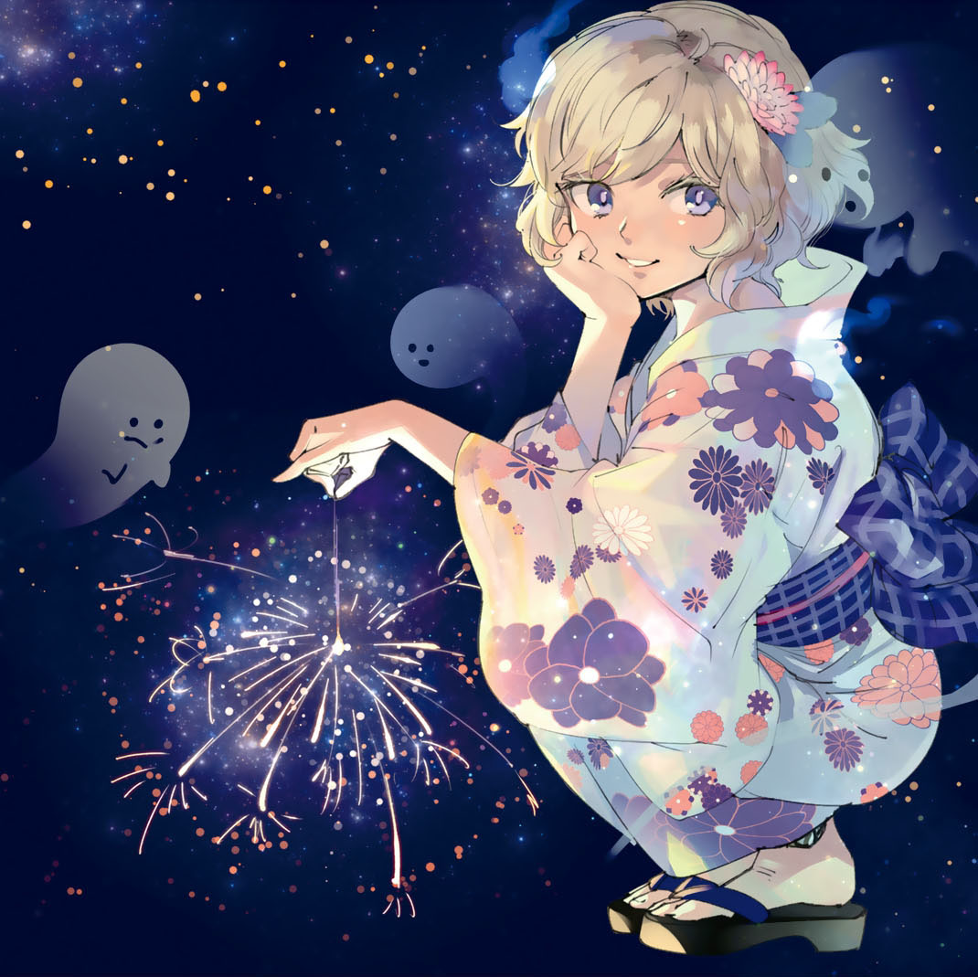 1girl, chashiba_katase, creature, fireworks, floral_print, holding, holding_fireworks, iwanaga_kotoko