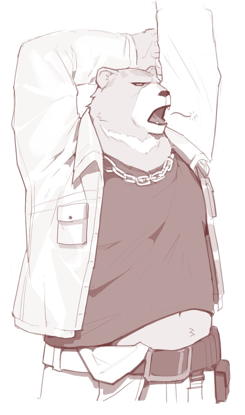 1boy, absurdres, arms_up, bara, belly, ben_bigger, chain, chain_necklace
