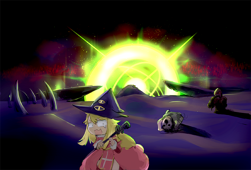 1other, 2girls, black_hair, blonde_hair, chibi, commentary_request, cross, demon