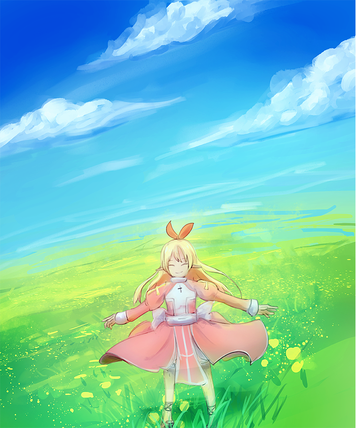 1girl, blonde_hair, blue_sky, bow, closed_eyes, closed_mouth, cloud, commentary_request