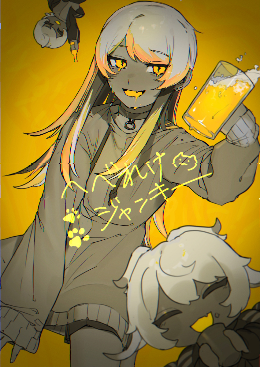 1girl, absurdres, alcohol, alternate_hairstyle, arm_up, beer, beer_bottle, beer_mug