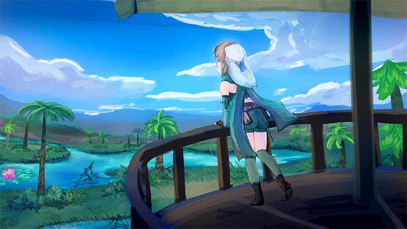 1girl, ass, belt, blue_sky, boots, brown_belt, brown_boots, brown_gloves, brown_hair, cloud, commentary_request, day, fingerless_gloves, from_behind, full_body, gloves, green_gloves, green_scarf, green_shorts, green_tube_top, headscarf, horizon, lug_s, outdoors, palm_tree, pouch, ragnarok_online, railing, ranger_(ragnarok_online), river, scarf, short_hair, shorts, sky, solo, standing, strapless, tree, tube_top, water, wetland, white_headscarf, white_headwear