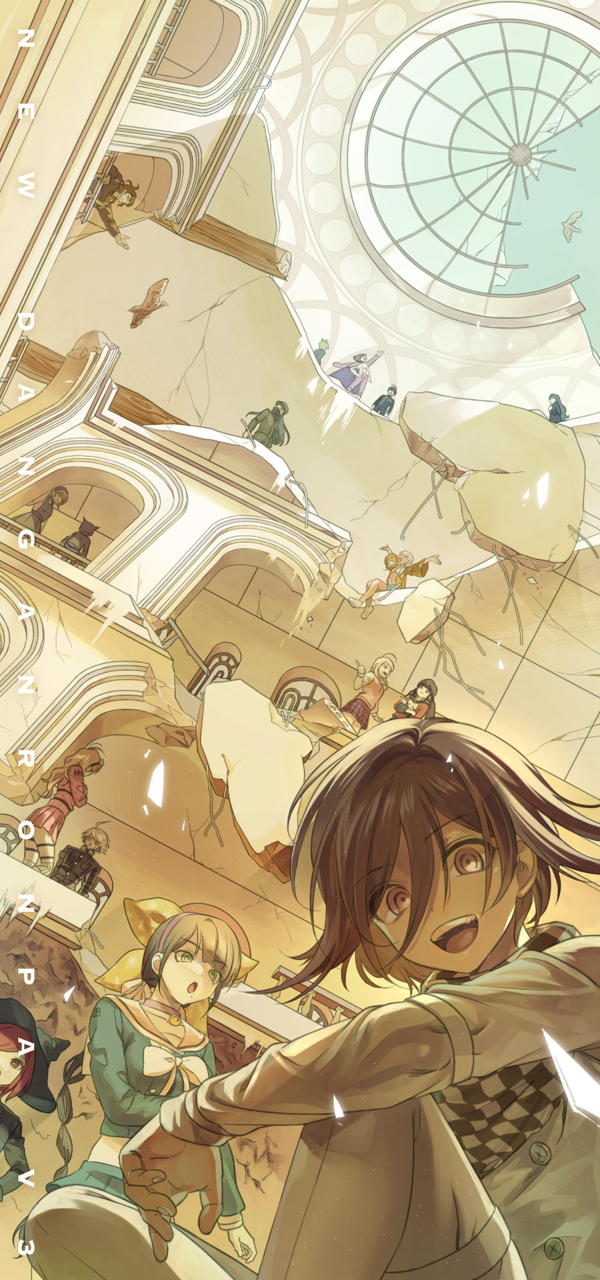 6+boys, 6+girls, :d, :o, absurdres, akamatsu_kaede, amami_rantaro, bird, black_headwear, brown_hair, buttons, chabashira_tenko, checkered_clothes, checkered_scarf, copyright_name, danganronpa_(series), danganronpa_v3:_killing_harmony, everyone, from_below, gokuhara_gonta, grey_hair, grey_jacket, grey_pants, harukawa_maki, hat, highres, hoshi_ryoma, indoors, iruma_miu, jacket, k1-b0, long_hair, looking_at_viewer, low_twintails, momota_kaito, multiple_boys, multiple_girls, open_mouth, oma_kokichi, pants, saihara_shuichi, scarf, shinguji_korekiyo, shirogane_tsumugi, simen_sokka, sitting, smile, teeth, tongue, tongue_out, tojo_kirumi, twintails, upper_teeth_only, witch_hat, yonaga_angie, yumeno_himiko