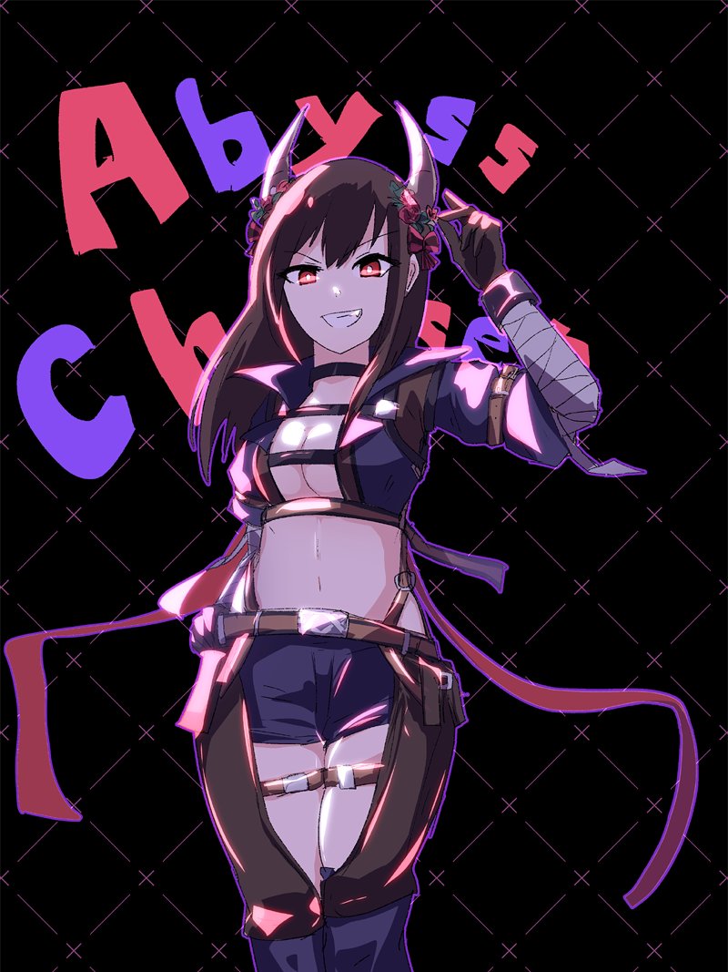 1girl, abyss_chaser_(ragnarok_online), bandaged_arm, bandages, belt, black_choker, black_shirt, black_shorts