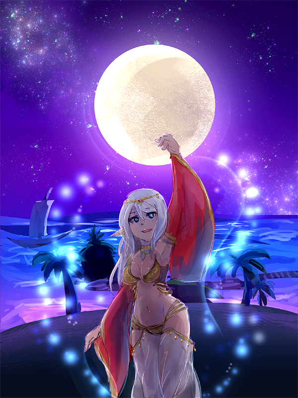 1girl, arm_up, armpits, bikini, blue_eyes, blue_gem, boat, breasts, cleavage, commentary_request, detached_sleeves, feet_out_of_frame, full_moon, galaxy, gem, gypsy_(ragnarok_online), horizon, jewelry, long_hair, looking_at_viewer, lug_s, medium_breasts, moon, navel, necklace, night, ocean, open_mouth, palm_tree, pants, purple_sky, ragnarok_online, red_sleeves, sky, smile, solo, star_(sky), starry_sky, strapless, strapless_bikini, swimsuit, tree, water, watercraft, white_hair, white_pants, yellow_bikini