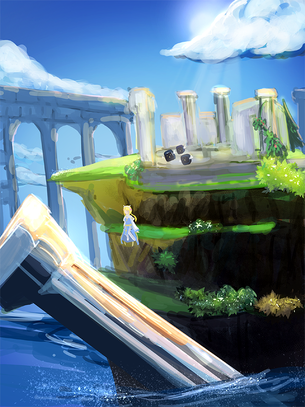 1girl, aqueduct, arch_bishop_(ragnarok_online), blonde_hair, blue_dress, blue_sky, bush, cliff