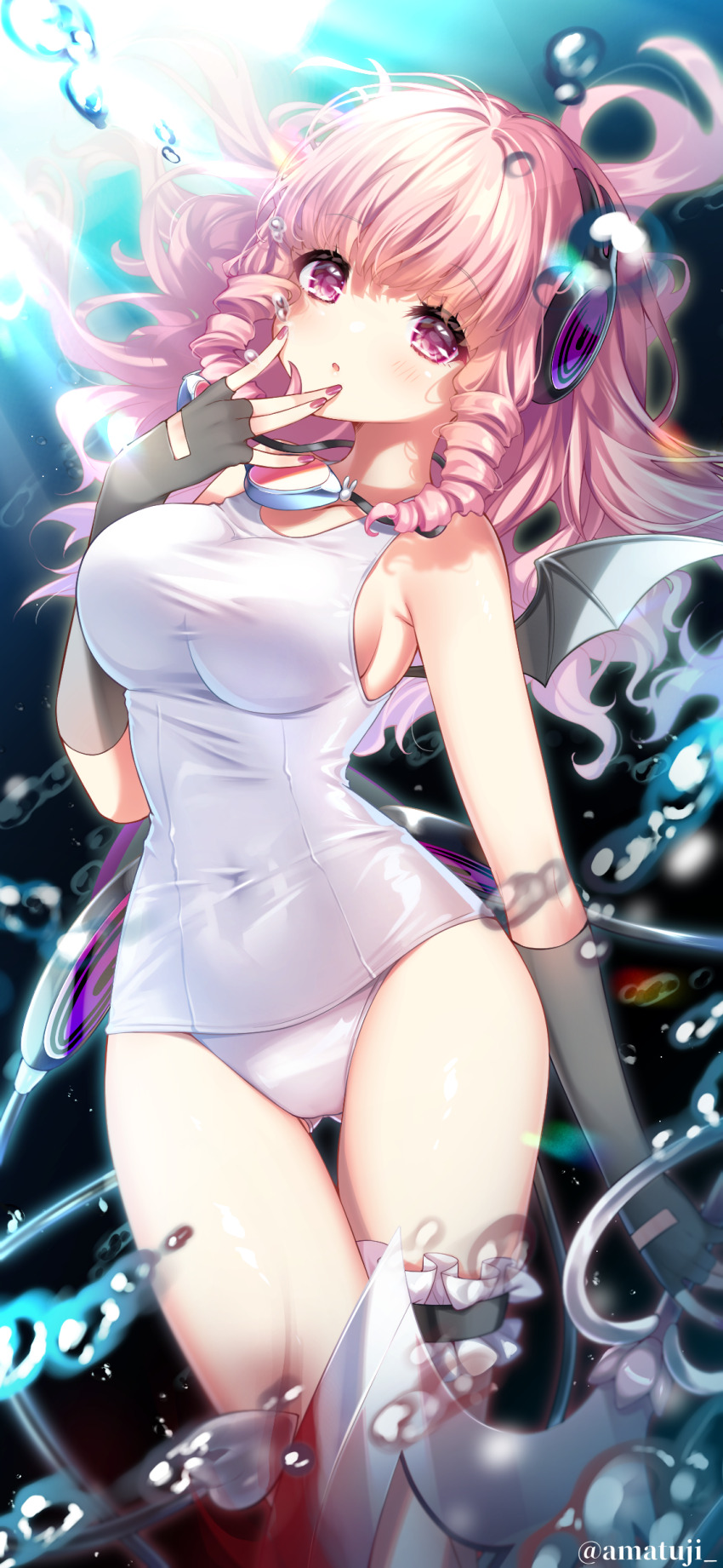 1girl, absurdres, amatsuji, bare_shoulders, black_gloves, breasts, covered_navel, drill_hair