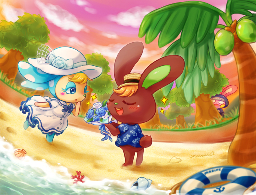 1girl, 2boys, alternate_costume, anchor_symbol, animal_crossing, animal_crossing:_new_horizons, artist_name, barefoot
