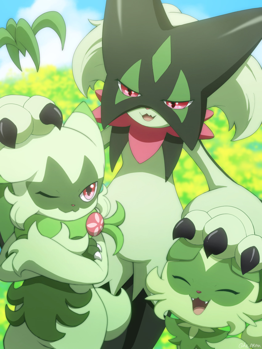 :3, :d, animal_focus, animal_hands, blue_sky, blurry, blurry_background, cat, claws, closed_eyes, closed_mouth, cloud, commentary_request, crossed_arms, day, evolutionary_line, fangs, floragato, flower, green_fur, headpat, highres, looking_at_another, meowscarada, monaka_(hc_pkmn), nintendo, no_humans, one_eye_closed, open_mouth, outdoors, pokemon, pokemon_(creature), red_eyes, red_flower, sky, smile, sprigatito