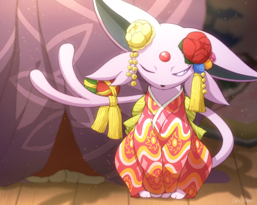 1other, blurry, bright_pupils, clothed_pokemon, commentary_request, espeon, espeon_(pokebuki), forehead_jewel