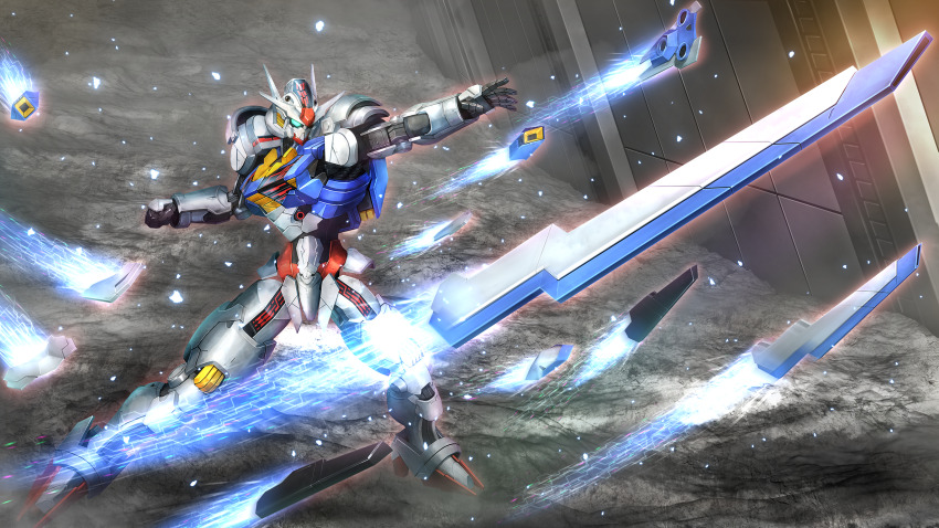 bit_(gundam), commentary, exhaust, flying, funnels_(gundam), green_eyes, gundam, gundam_aerial