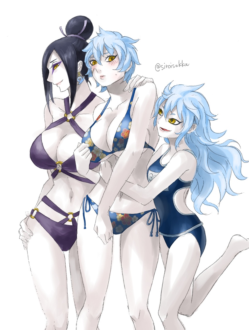 3girls, absurdres, bikini, blue_hair, blue_one-piece_swimsuit, blush, boruto:_naruto_next_generations, breasts, cleavage, collarbone, earrings, genderswap, genderswap_(mtf), highres, jewelry, large_breasts, light_blue_hair, log_(naruto), long_hair, looking_at_viewer, mitsuki_(naruto), mother_and_child, mother_and_daughter, multiple_girls, naruto_(series), navel, one-piece_swimsuit, open_mouth, orochimaru_(naruto), parent_and_child, scar, scar_on_face, short_hair, shy, simple_background, siroisekka, small_breasts, smile, standing, string_bikini, sweatdrop, swimsuit, teeth, twitter_username, underboob, white_background, yellow_eyes