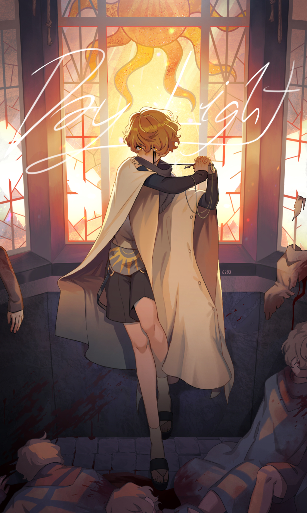 1boy, black_blood, black_footwear, black_shorts, blade_to_throat, blonde_hair, blood, blood_on_face