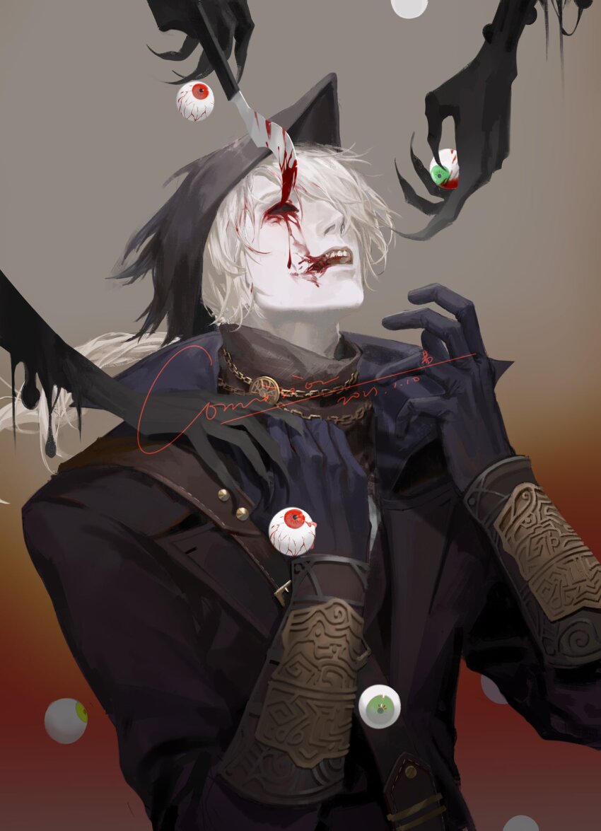 1boy, black_gloves, black_headwear, black_jacket, black_skin, blood, bloodborne, bloody_weapon
