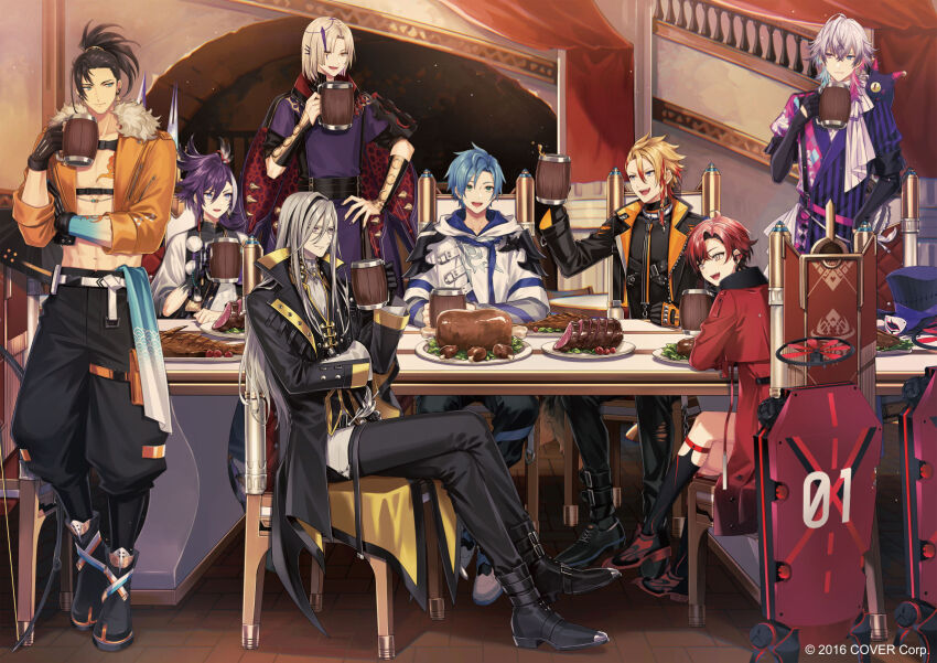 6+boys, :d, abs, amaichi_esora, aqua_hair, arch, argyle_clothes, argyle_coat, armor, ascot, axel_syrios, banzoin_hakka, banzoin_hakka_(1st_costume), bead_bracelet, beads, beer_mug, belt, black_belt, black_coat, black_footwear, black_gloves, black_hair, black_jacket, black_pants, black_shirt, black_skin, black_socks, black_vest, blonde_hair, blue_eyes, blue_hair, boots, bow_(weapon), bracelet, braid, brick_floor, brooch, chain, chair, chest_harness, chest_tattoo, cloak, coat, coattails, collar, colored_skin, commentary_request, company_name, copyright_notice, creature, creature_on_shoulder, cropped_jacket, crossed_legs, cup, curtained_hair, dining_room, drone, ear_piercing, earclip, earpiece, earrings, facial_hair, feather_hair_ornament, feathers, fingerless_gloves, fish_(food), food, full_body, fur-trimmed_jacket, fur_trim, gavis_bettel, gavis_bettel_(1st_costume), glasses, gloves, gradient_hair, grey_hair, hair_between_eyes, hair_ornament, half_gloves, halo, hand_on_own_arm, hand_on_own_hip, hand_up, harness, hat, heterochromia, high_collar, high_ponytail, highres, holding, holding_cup, holostars, holostars_english, holotempus, hood, hoodie, indoors, jacket, japanese_clothes, jewelry, josuiji_shinri, kimono, kneehighs, lapels, layered_sleeves, legwear_garter, long_hair, long_sleeves, looking_at_another, machina_x_flayon, machina_x_flayon_(1st_costume), magni_dezmond, male_focus, meat, medium_hair, mug, multicolored_clothes, multicolored_hair, multiple_boys, no_shirt, noir_vesper, noir_vesper_(old_design), notched_lapels, official_art, on_shoulder, open_mouth, orange_eyes, orange_hair, orange_jacket, oxfords, pants, piercing, pink_coat, pink_eyes, pink_hair, plate, polearm, pom_pom_(clothes), ponytail, pouch, purple_cloak, purple_coat, purple_eyes, purple_hair, purple_nails, purple_robe, red_hair, red_jacket, regis_altare, robe, scarf, sheath, sheathed, shield, shirt, shoes, short_hair, short_over_long_sleeves, short_sleeves, shoulder_armor, side_braid, sitting, smile, socks, stairs, standing, streaked_hair, striped_clothes, striped_coat, striped_shirt, stubble, sword, table, tailcoat, tassel, tattoo, thigh_pouch, top_hat, torn_clothes, torn_pants, turtleneck, two-sided_fabric, undershirt, unworn_hat, unworn_headwear, vambraces, vertical-striped_coat, vest, virtual_youtuber, weapon, white_ascot, white_belt, white_footwear, white_hoodie, white_kimono, white_scarf, white_shirt
