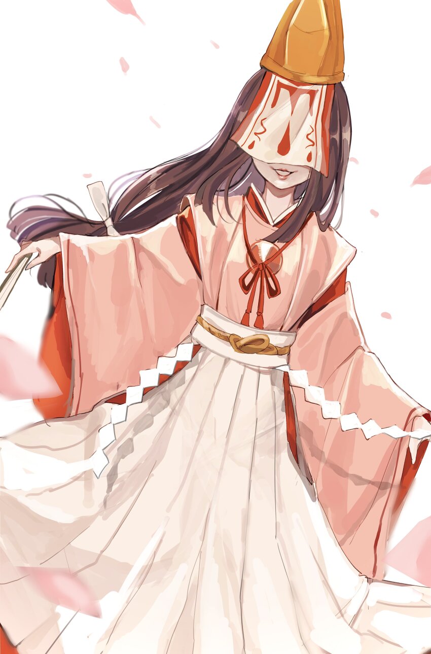 1girl, absurdres, blunt_ends, bow, brown_hair, covered_eyes, falling_petals, feet_out_of_frame