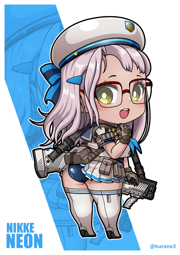 1girl, :d, ammunition, ammunition_belt, ass, belt_pouch, beret, blue_neckerchief