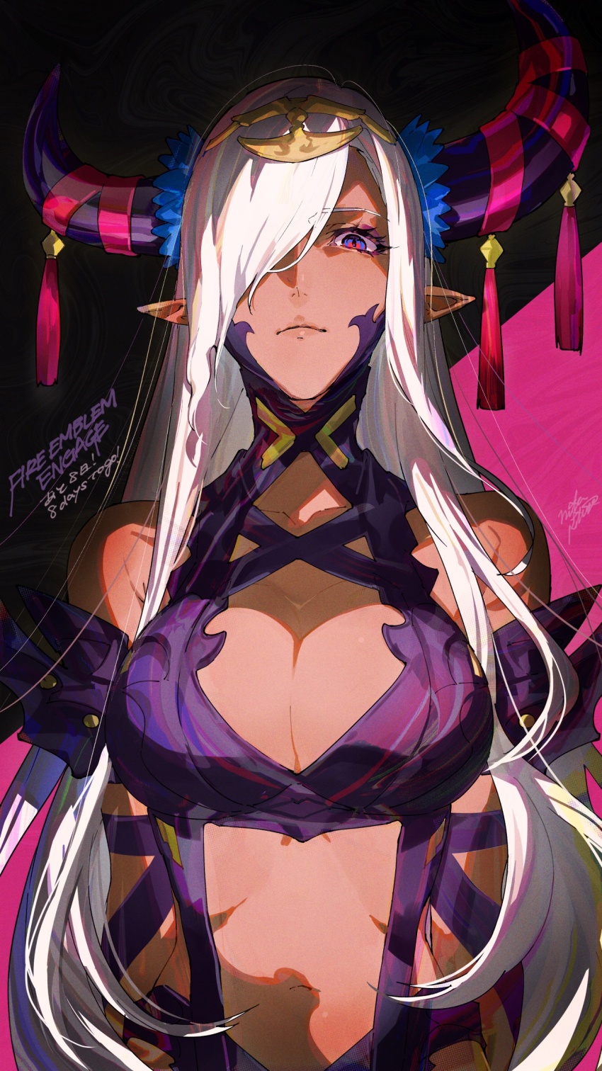 1girl, asymmetrical_horns, bare_shoulders, breasts, cleavage, dark-skinned_female, dark_skin, dragon_girl, fire_emblem, fire_emblem_engage, hair_ornament, hair_over_one_eye, highres, horns, large_breasts, long_hair, mature_female, mika_pikazo, nintendo, official_art, pointy_ears, purple_eyes, purple_ribbon, revealing_clothes, ribbon, solo, tan, tassel, tassel_hair_ornament, uneven_horns, zephia_(fire_emblem)