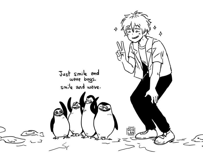 5boys, arm_up, artist_name, bird, chainsaw_man, coat, crossover, denji_(chainsaw_man), greyscale, highres, kowalski_(madagascar), looking_at_another, looking_at_viewer, madagascar_(series), monochrome, multiple_boys, osulan, penguin, private_(madagascar), rico_(madagascar), sharp_teeth, shirt, short_hair, simple_background, skipper_(madagascar), smile, sparks, teeth, v, watermark, waving, white_background, white_hair, white_shirt