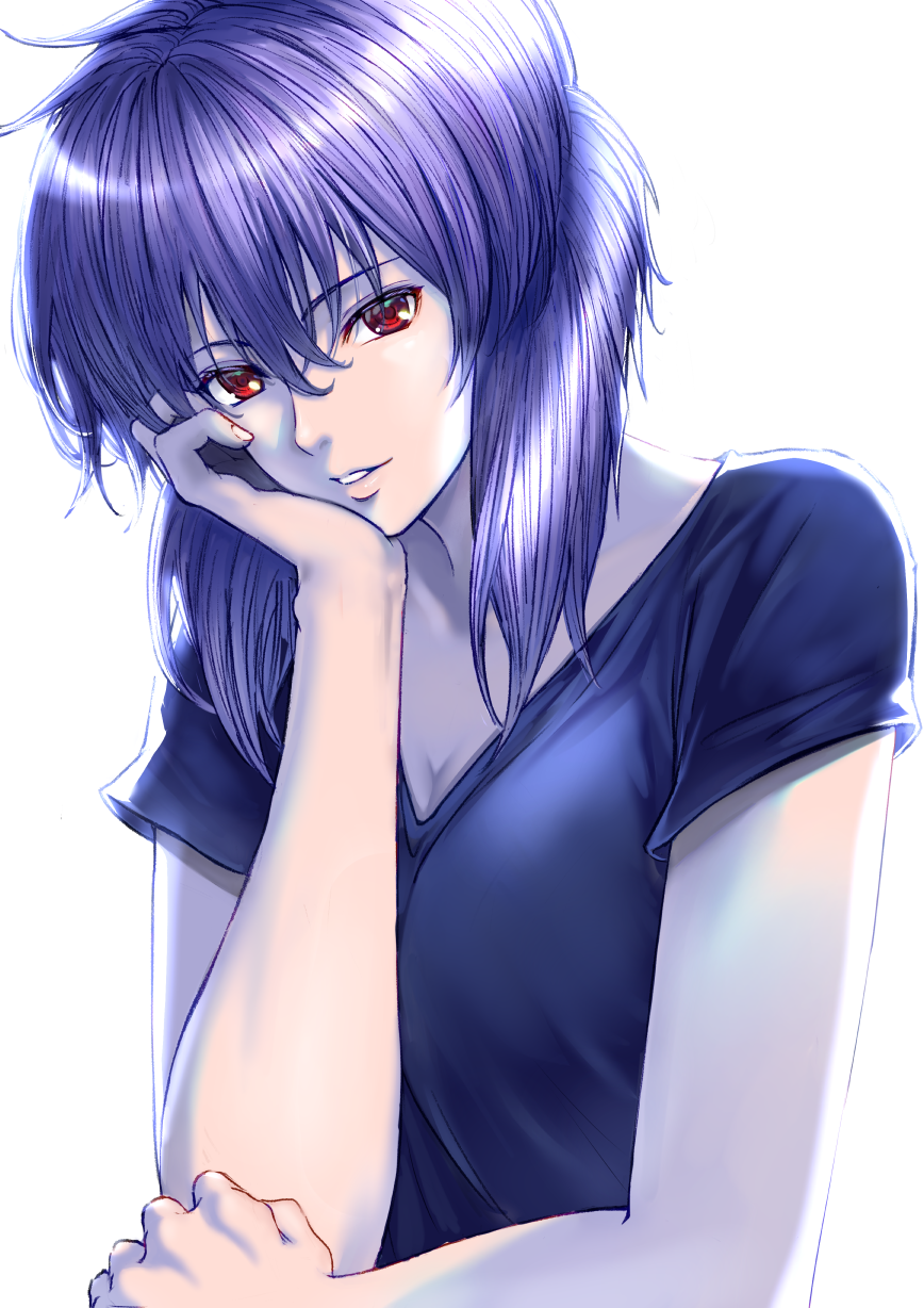 1girl, black_shirt, breasts, cleavage, ghost_in_the_shell, hair_between_eyes, head_rest, highres, kaijin-m, kusanagi_motoko, light_smile, looking_at_viewer, medium_breasts, parted_lips, purple_hair, red_eyes, shirt, short_hair, short_sleeves, solo, t-shirt, upper_body, white_background