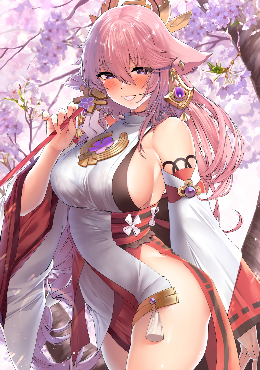 1girl, animal_ears, arm_at_side, bare_shoulders, blurry, blush, breasts, cherry_blossoms