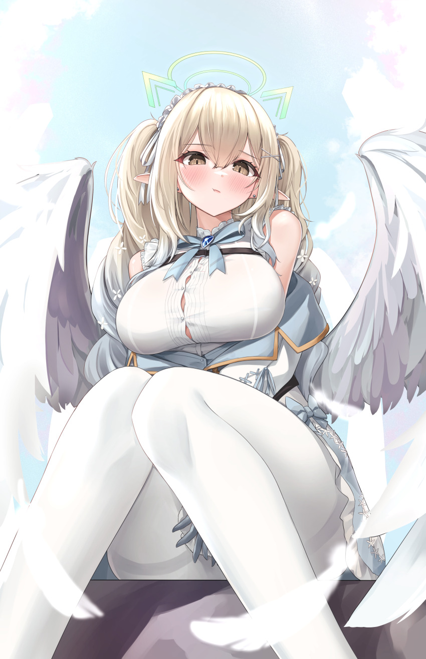 1girl, absurdres, angel, angel_wings, between_legs, blonde_hair, breasts, button_gap