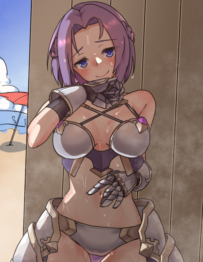 1girl, armor, around_corner, beach, beach_umbrella, bikini_armor, blue_eyes, blue_sky