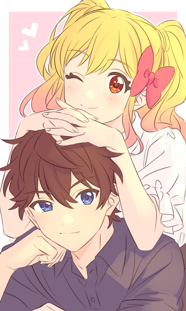 1boy, 1girl, aikatsu!_(series), aikatsu_stars!, blue_eyes, blush, brown_hair, chin_rest