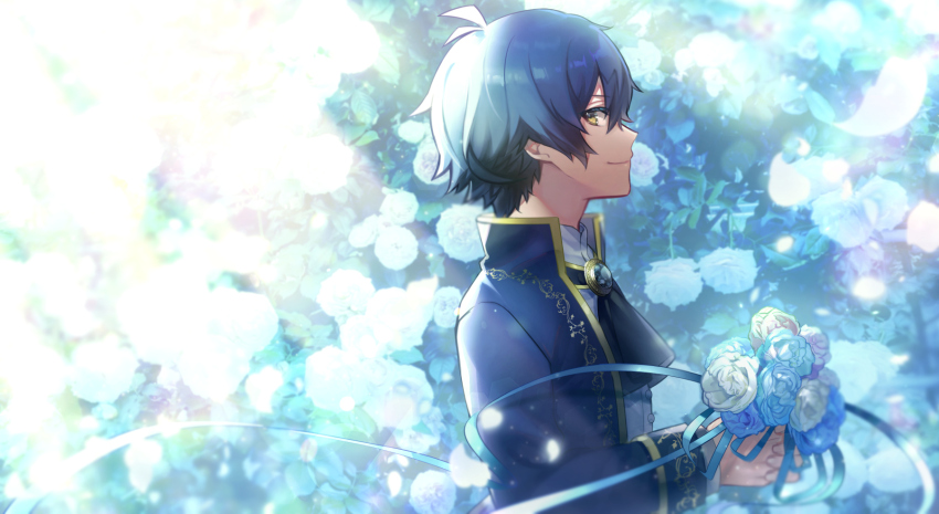 1623, 1boy, blue_flower, blue_hair, blue_rose, blue_theme, bouquet, brown_eyes