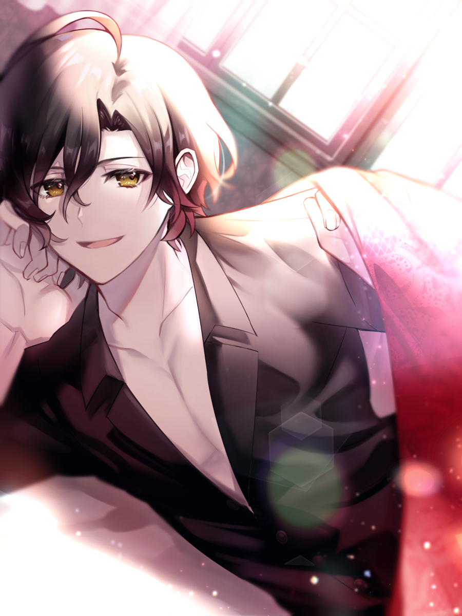 1623, 1boy, bed, black_shirt, brown_hair, collared_shirt, dankira!!!, highres