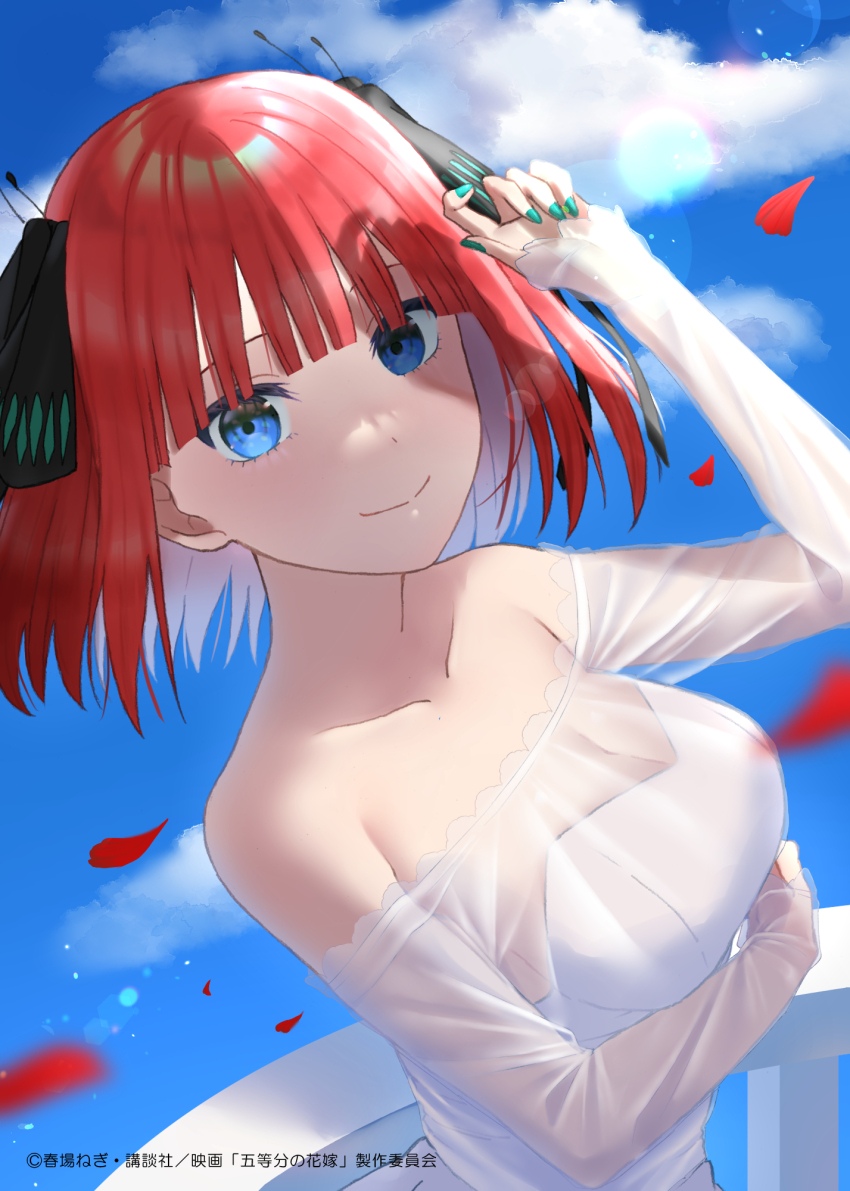1girl, blue_nails, blunt_bangs, breasts, cleavage, closed_mouth, collarbone, colorized