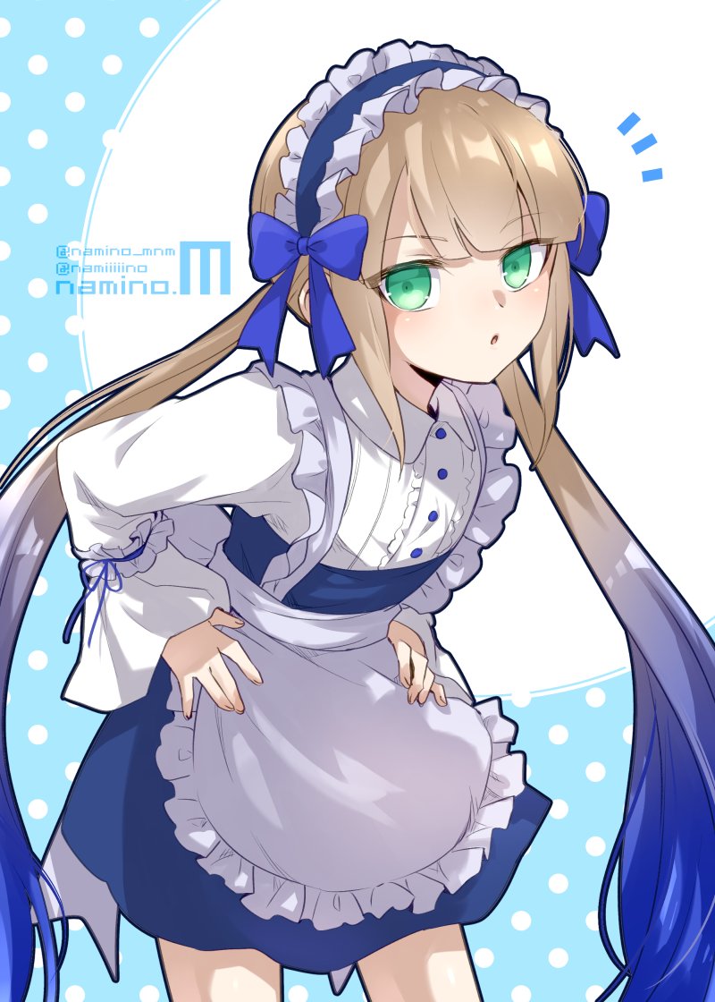 1boy, :o, alternate_costume, apron, artist_name, blue_background, blue_bow, blue_dress, blue_hair, blue_hairband, blunt_bangs, bow, captain_nemo_(fate), collared_dress, cowboy_shot, crossdressing, crossdressing_(mtf), dress, enmaided, fate/grand_order, fate_(series), frilled_apron, frilled_headwear, frills, gradient_hair, green_eyes, hair_bow, hairband, hands_on_own_hips, leaning_forward, light_blush, light_brown_hair, long_hair, long_sleeves, looking_at_viewer, low_twintails, maid, maid_day, maid_headdress, minaminami_namino, multicolored_hair, nemo_(fate), notice_lines, parted_lips, polka_dot, polka_dot_background, short_dress, trap, twintails, twitter_username, very_long_hair, waist_bow, white_background, white_bow