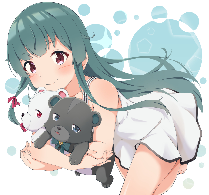 1girl, animal, bare_arms, bear, blue_eyes, blunt_bangs, blush, bow, bowtie, closed_mouth, collarbone, commentary_request, dress, green_hair, hair_ribbon, highres, holding, holding_animal, kuma_kuma_kuma_bear, kumakyuu_(kuma_kuma_kuma_bear), kumayuru_(kuma_kuma_kuma_bear), long_hair, looking_at_viewer, motsutoko, red_eyes, ribbon, simple_background, smile, sundress, white_background, white_dress, yuna_(kuma_kuma_kuma_bear)