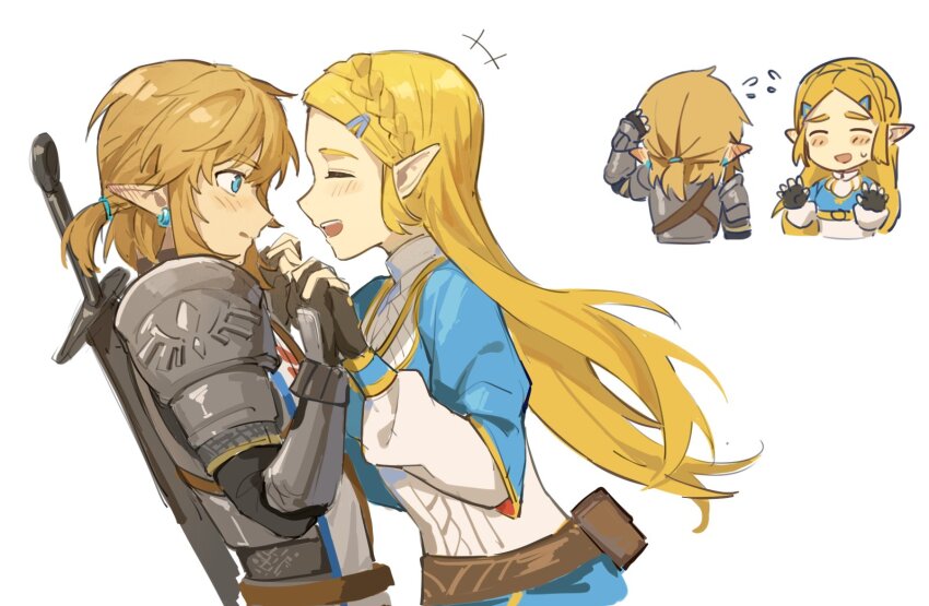 1boy, 1girl, armor, belt, black_gloves, blonde_hair, blue_dress, blue_eyes