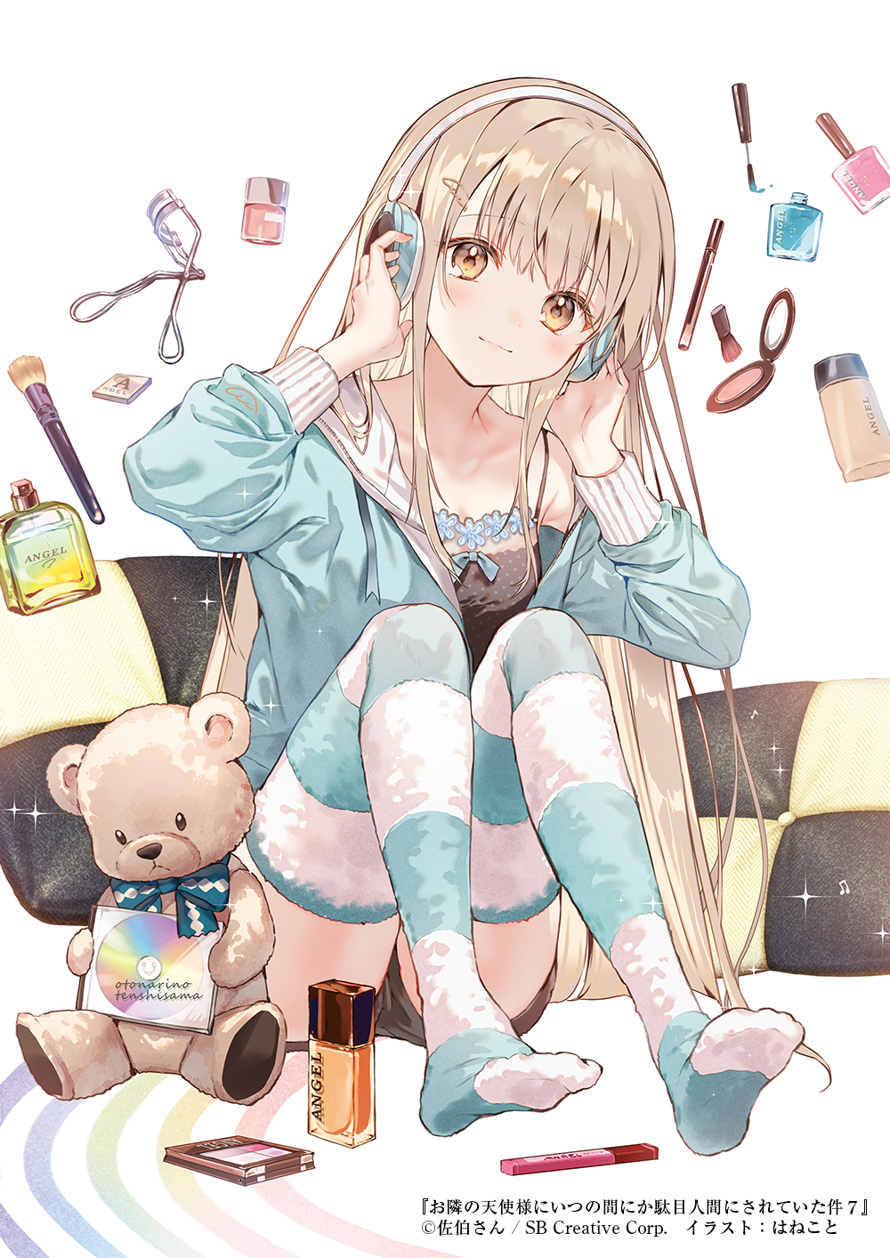 1girl, black_shirt, black_shorts, blue_jacket, bottle, brown_eyes, brown_hair, commentary_request, cosmetics, cover, cover_page, fluffy_legwear, fuzzy_footwear, fuzzy_socks, hair_ornament, hands_on_headphones, hanekoto, headphones, highres, jacket, long_hair, long_sleeves, looking_at_viewer, makeup, makeup_brush, nail_clippers, nail_polish_bottle, nail_polish_brush, no_shoes, novel_cover, official_art, otonari_no_tenshi-sama_ni_itsu_no_mani_ka_dame_ningen_ni_sarete_ita_ken, perfume_bottle, pillow, shiina_mahiru_(otonari_no_tenshi-sama), shirt, shorts, simple_background, single_bare_shoulder, sitting, sleeveless, sleeveless_shirt, smile, solo, sparkle, striped_clothes, striped_thighhighs, stuffed_animal, stuffed_toy, teddy_bear, textless_version, thighhighs, very_long_hair, white_background, wing_hair_ornament, yellow_eyes