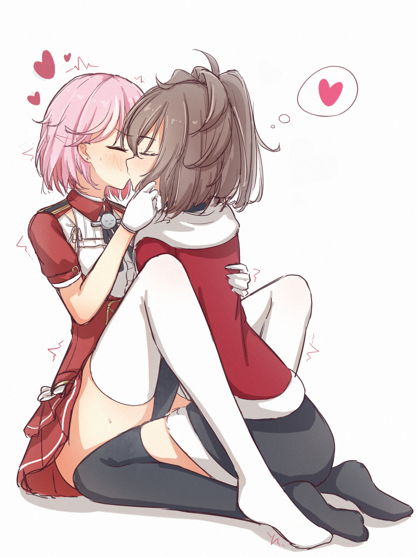 2girls, absurdres, aticsanir, black_dress, black_thighhighs, brown_hair, capelet, closed_eyes, dress, fur-trimmed_capelet, fur-trimmed_dress, fur_trim, giuseppe_garibaldi_(kancolle), gloves, highres, kantai_collection, kiss, long_hair, long_sleeves, messy_hair, miniskirt, multiple_girls, official_alternate_costume, pink_hair, pleated_skirt, red_capelet, red_skirt, sheffield_(christmas)_(kancolle), sheffield_(kancolle), short_dress, short_hair, short_sleeves, sitting, skirt, speech_bubble, thighhighs, thought_bubble, wariza, white_gloves, white_thighhighs, yuri