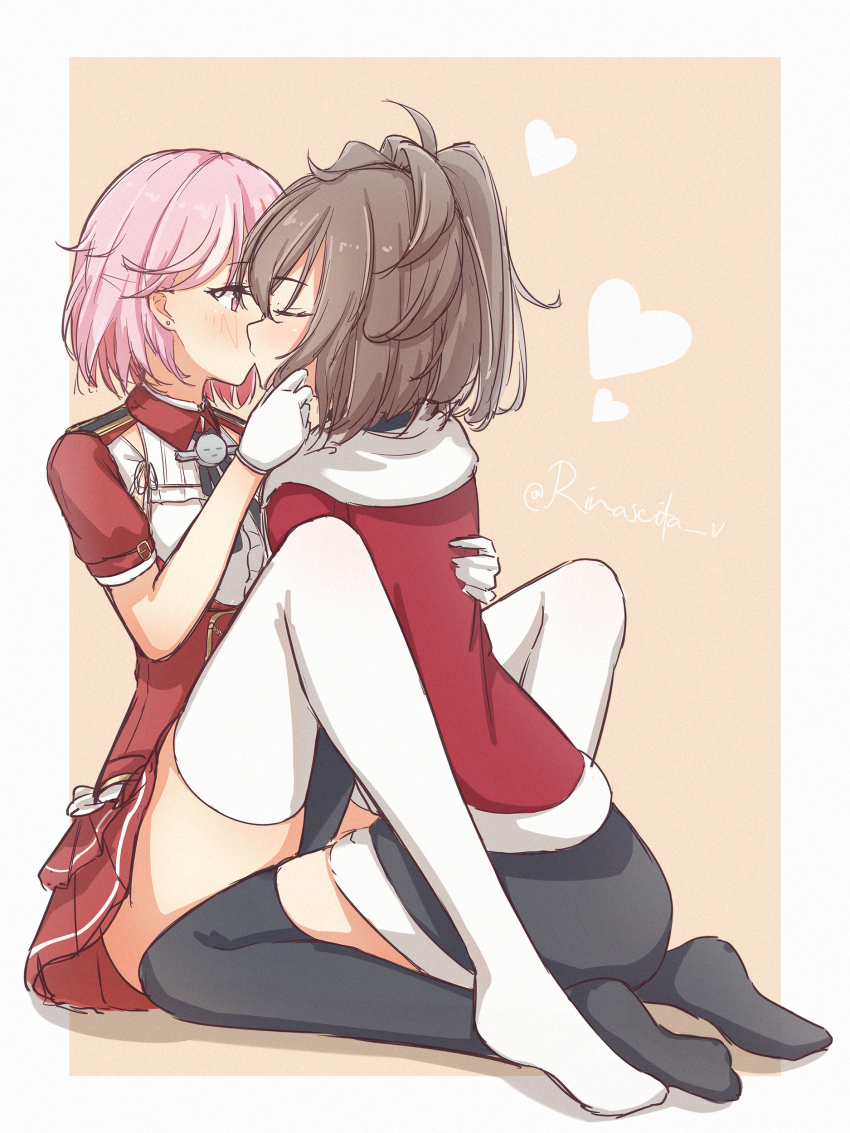 2girls, absurdres, aticsanir, black_dress, black_thighhighs, brown_hair, capelet, closed_eyes, dress, fur-trimmed_capelet, fur-trimmed_dress, fur_trim, giuseppe_garibaldi_(kancolle), gloves, highres, kantai_collection, kiss, long_hair, long_sleeves, looking_at_another, messy_hair, miniskirt, multiple_girls, official_alternate_costume, pink_eyes, pink_hair, pleated_skirt, red_capelet, red_skirt, sheffield_(christmas)_(kancolle), sheffield_(kancolle), short_dress, short_hair, short_sleeves, sitting, skirt, thighhighs, wariza, white_gloves, white_thighhighs, yuri