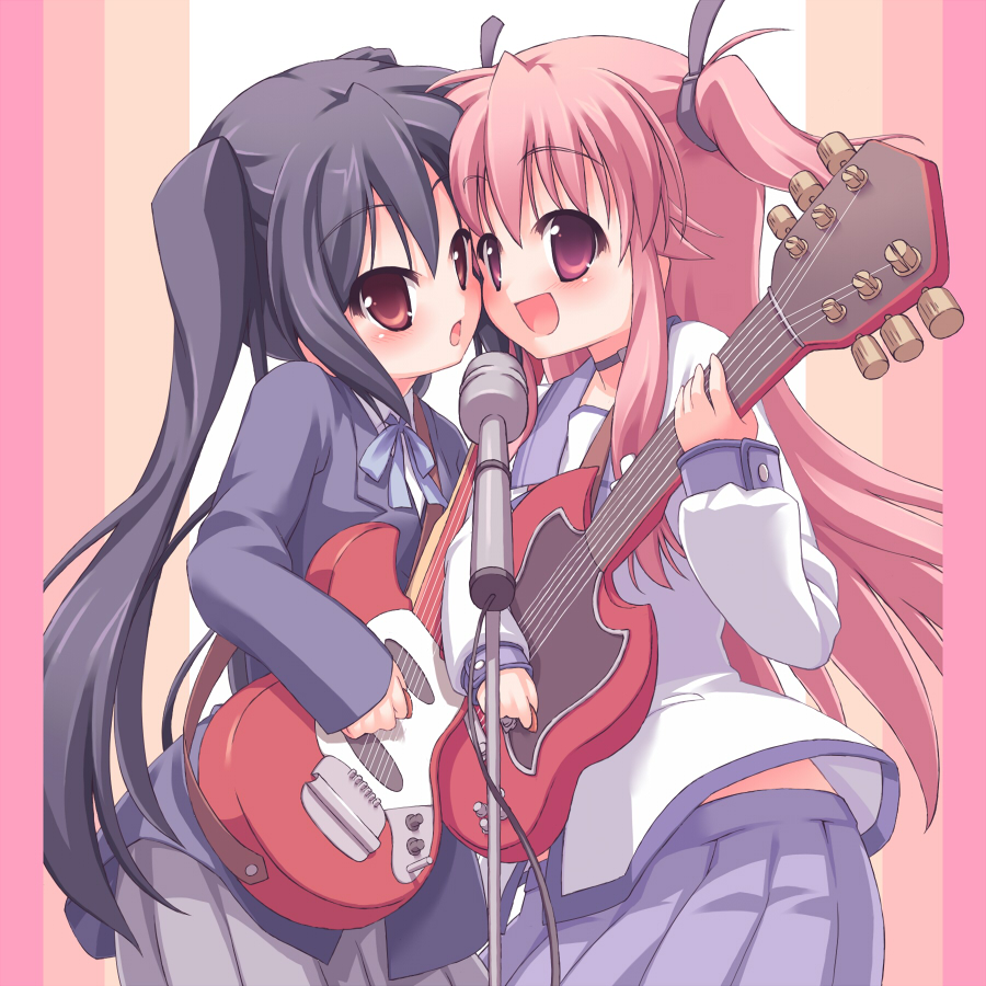 10s, 2girls, angel_beats!, black_hair, crossover, guitar, instrument, k-on!