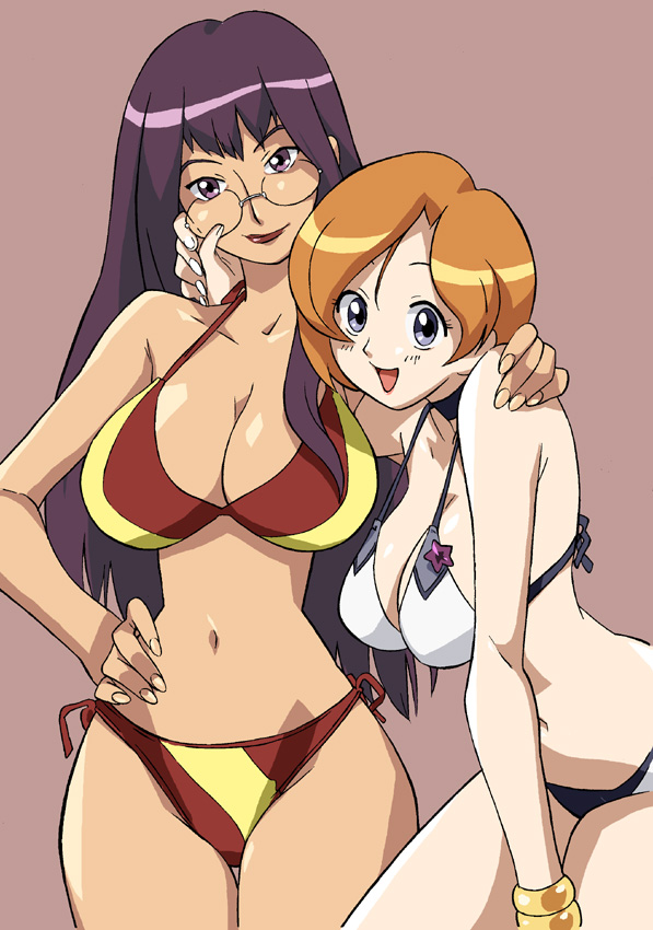 2girls, bikini, blue_eyes, bracelet, breasts, choker, cirima, cleavage, glasses, hand_on_own_hip, hip_focus, hug, jewelry, large_breasts, leaning_forward, lipstick, long_hair, makeup, mature_female, multiple_girls, navel, ojamajo_doremi, open_mouth, orange_hair, purple_eyes, purple_hair, red_hair, seki-sensei, short_hair, side-tie_bikini_bottom, smile, swimsuit, volvox, wide_hips, yuki-sensei
