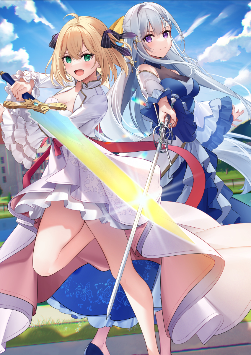 2girls, :d, absurdres, ahoge, animal_print, anisphia_wynn_palettia, aqua_eyes, bare_legs