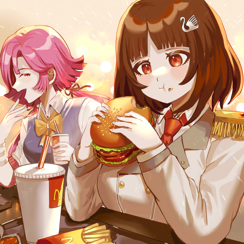 2girls, absurdres, bird_hair_ornament, blunt_bangs, blunt_ends, blush, bow, bowtie, bracelet, breasts, brown_eyes, brown_hair, burger, buttons, chewing, closed_eyes, comiclove1314, cup, diana_venecia, disposable_cup, double-breasted, drinking_straw, eating, elbow_rest, eloise_taulner, epaulettes, food, food_on_face, french_fries, hair_ornament, hair_ribbon, highres, holding, holding_cup, holding_food, jacket, jewelry, large_breasts, long_hair, long_sleeves, low_twintails, mcdonald's, multiple_girls, necktie, open_mouth, parted_bangs, pink_hair, plump, project:_eden's_garden, ribbon, smile, table, twintails, vest