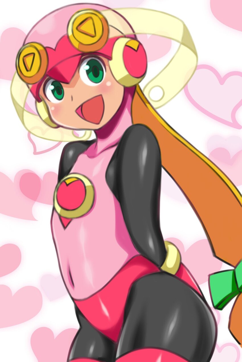 1girl, :d, aqua_eyes, arms_behind_back, black_bodysuit, blonde_hair, bodysuit, bodysuit_under_clothes