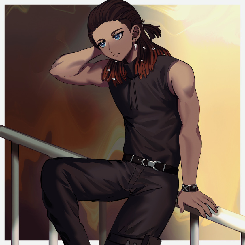 1boy, absurdres, arm_support, belt, blue_eyes, bracelet, brown_hair, comiclove1314, dark-skinned_male, dark_skin, desmond_hall, drawstring, dreadlocks, earrings, frown, hair_pulled_back, half_updo, hand_on_own_head, hand_up, highres, jewelry, long_hair, looking_to_the_side, male_focus, multicolored_hair, muscular, muscular_male, on_railing, orange_hair, pants, project:_eden's_garden, railing, ring_hair_ornament, shirt, sitting, sleeveless, sleeveless_shirt, solo, two-tone_hair