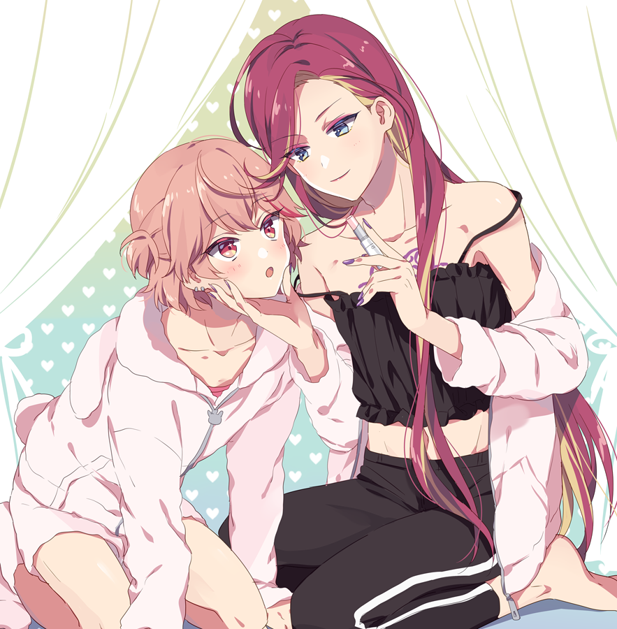 1boy, 1other, applying_makeup, blonde_hair, blue_eyes, blush, dankira!!!, hinata_mahiru, kurenai_ageha, lipstick, long_hair, looking_at_another, makeup, multicolored_hair, open_mouth, pajamas, pink_eyes, pink_hair, pink_pajamas, riku_(melty_drop), short_hair, trap