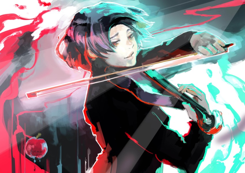 1girl, absurdres, apple, black_jacket, food, from_side, fruit, german_text