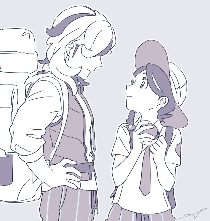 1boy, 1girl, arven_(pokemon), backpack, bag, braid, collared_shirt, hair_over_one_eye