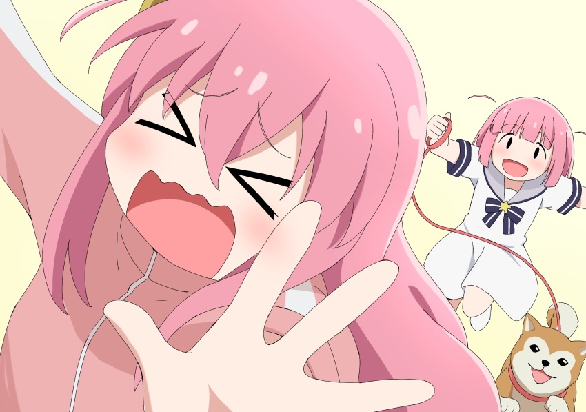 >_<, 2girls, :d, animal, bocchi_the_rock!, brown_background, chasing, closed_eyes, commentary_request, dog, dress, gotoh_futari, gotoh_hitori, grey_sailor_collar, hair_between_eyes, highres, holding, holding_leash, jacket, jimihen, leash, long_hair, multiple_girls, no_shoes, onii-chan_wa_oshimai!, open_mouth, pink_hair, pink_jacket, running, sailor_collar, sailor_dress, shiba_inu, short_sleeves, siblings, simple_background, sisters, smile, socks, solid_oval_eyes, star_(symbol), track_jacket, two_side_up, wavy_mouth, white_dress, white_socks, yuuyrx