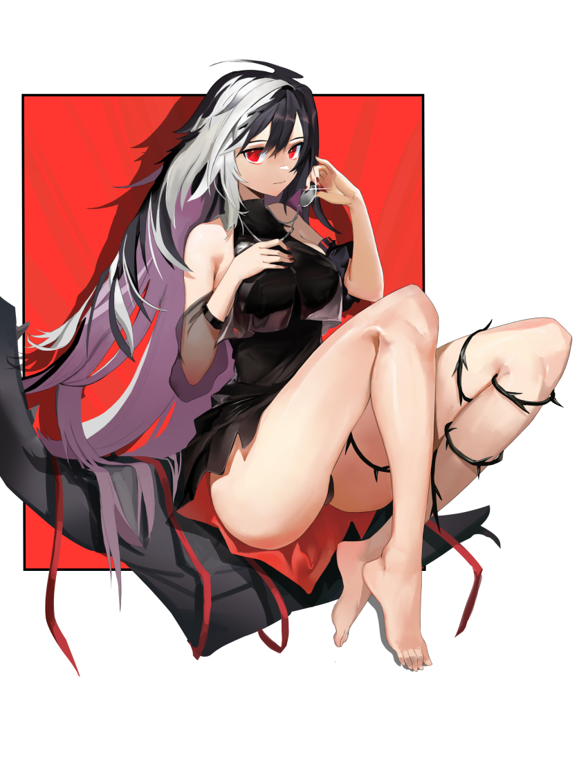 1girl, absurdres, alchemy_stars, bare_shoulders, barefoot, black_dress, black_hair, black_panties, breasts, closed_mouth, colored_inner_hair, detached_sleeves, dress, full_body, glint, highres, jewelry, locket, long_hair, looking_at_viewer, lovejin2015, medium_breasts, multicolored_hair, paloma_(alchemy_stars), panties, pendant, plant, red_eyes, see-through_clothes, see-through_sleeves, short_dress, sleeveless, sleeveless_dress, solo, thorns, turtleneck, underwear, very_long_hair, vines, white_hair