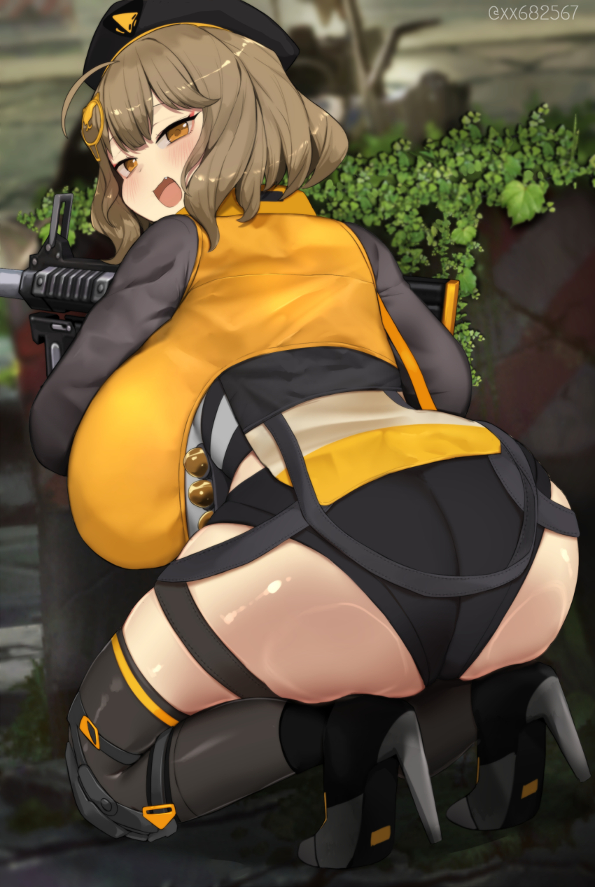 1girl, :d, ahoge, anis_(nikke), artist_name, ass, back, beret
