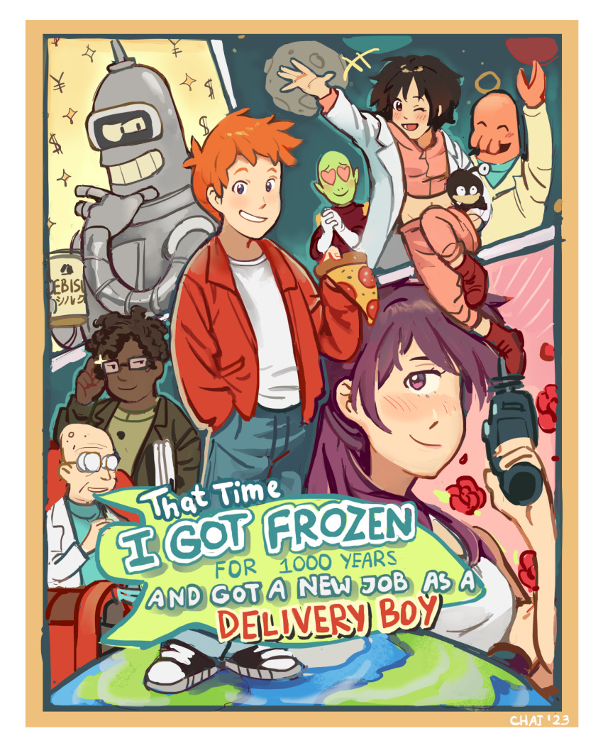 2girls, 6+boys, :d, adjusting_eyewear, alien, amy_wong, animification, artist_name